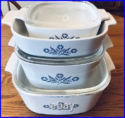 Vintage Blue Cornflower Corning Ware Dish Set. 7 pieces With 4 Lids