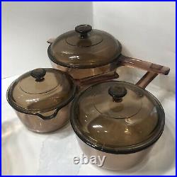 Vintage Corning Amber Vision Ware Glass Cookware 10 pc Set Pots & Pans EUC