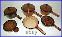 Vintage Corning Pyrex Amber Vision Ware Glass Cookware 11 Piece Set Pots & Pans