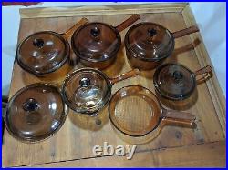 Vintage Corning Pyrex Amber Vision Ware Glass Cookware 12 pc Set Pots & Pans