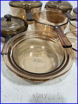 Vintage Corning Pyrex Amber Vision Ware Glass Cookware 12 pc Set Pots Pans