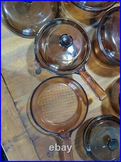 Vintage Corning Pyrex Amber Vision Ware Glass Cookware 12 pc Set Pots & Pans