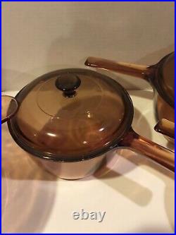 Vintage Corning Pyrex Amber Vision Ware Glass Cookware 13 pc Set Pots & Pans