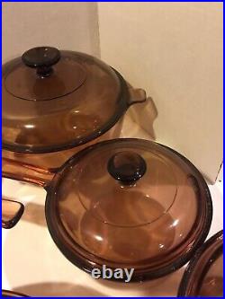 Vintage Corning Pyrex Amber Vision Ware Glass Cookware 13 pc Set Pots & Pans