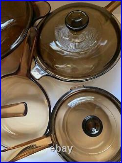 Vintage Corning Pyrex Amber Vision Ware Glass Cookware 14 pc Set Pots & Pans