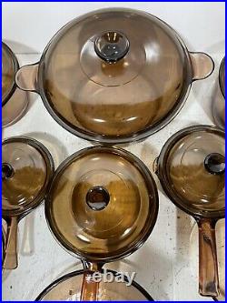 Vintage Corning Pyrex Amber Vision Ware Glass Cookware 15 pc Set Pots Pans
