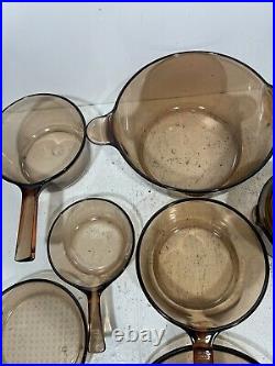 Vintage Corning Pyrex Amber Vision Ware Glass Cookware 15 pc Set Pots Pans