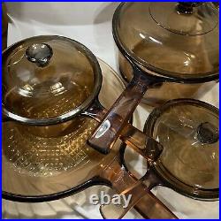 Vintage Corning Pyrex Amber Vision Ware Glass Cookware 7pc Set Pots & Pans