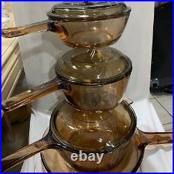 Vintage Corning Pyrex Amber Vision Ware Glass Cookware 7pc Set Pots & Pans