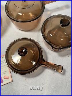 Vintage Corning Pyrex Amber Vision Ware Glass Cookware 8 pc Set Pots & Pans