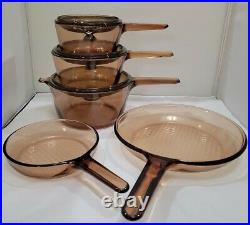 Vintage Corning Pyrex Amber Vision Ware Glass Cookware 8pc Set Pots & Pans