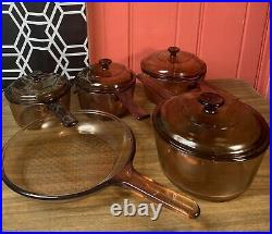 Vintage Corning Pyrex Amber Vision Ware Glass Cookware 9 pc Set Pots & Pans