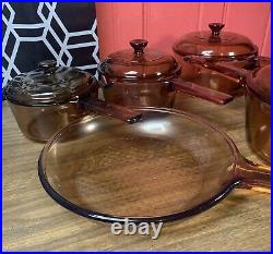Vintage Corning Pyrex Amber Vision Ware Glass Cookware 9 pc Set Pots & Pans