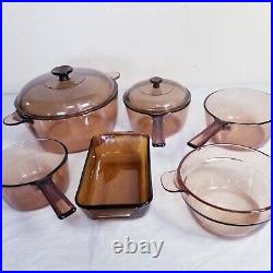 Vintage Corning Pyrex Amber Vision Ware Lids Pots Rangetop Cookware 8 Pieces