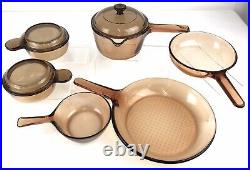 Vintage Corning Vision Ware Amber Amber/Brown Cookware 9/pc Set USA And France