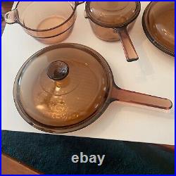 Vintage Corning Vision Ware Amber Glass Pyrex 7 Piece Cookware Set w Lids Waffle