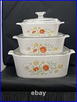 Vintage Corning Ware 6pc Set Ceramic Wildflower Poppy Pyrex Glass Lids 5 Liters
