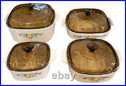 Vintage Corning Ware Abundance Casserole 4-Piece Pyrex Set with4 Amber Lids