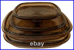 Vintage Corning Ware Abundance Casserole 4-Piece Pyrex Set with4 Amber Lids