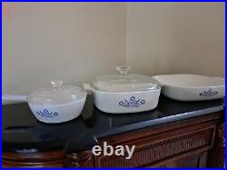 Vintage Corning Ware Blue Cornflower Borosilicate glass PYREX. 3 RARE PIECES