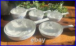 Vintage Corning Ware Blue Cornflower Cooking Skillet Set- 6 Skillets With Lids