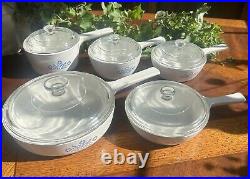 Vintage Corning Ware Blue Cornflower Cooking Skillet Set- 6 Skillets With Lids