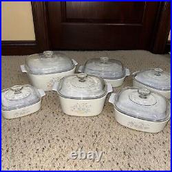 Vintage Corning Ware Blue Ribbon Flower Basket Set of 6 Dishes with Lids