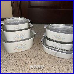 Vintage Corning Ware Blue Ribbon Flower Basket Set of 6 Dishes with Lids