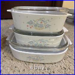 Vintage Corning Ware Blue Ribbon Flower Basket Set of 6 Dishes with Lids