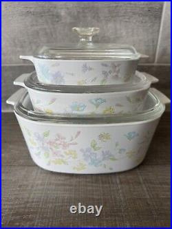 Vintage Corning Ware Bouquet of flowers (3) Casserole with Lid 6pcs