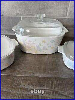 Vintage Corning Ware Bouquet of flowers (3) Casserole with Lid 6pcs