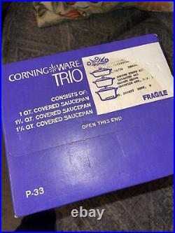 Vintage Corning Ware Cornflower Blue 6 Piece Trio Set In Original Box Unopened