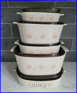Vintage Corning Ware Forever Yours 10pc Casserole Dish Set Amber Lids hearts
