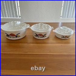 Vintage Corning Ware Merry Mushroom 3 Pc. Casserole Dishes. 4, 2.5, & 1qt withlids