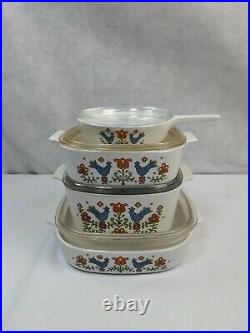 Vintage Corning Ware / Pyrex Festival Blue Bird Floral 4 piece set with lids