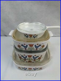 Vintage Corning Ware / Pyrex Festival Blue Bird Floral 4 piece set with lids