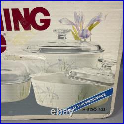 Vintage Corning Ware SHADOW IRIS 6 Piece Casserole Set NEW Sealed Box A300-333