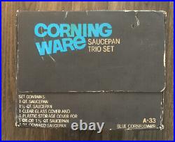 Vintage Corning Ware Saucepan Trio Blue Cornflower 6 pc in Box A33 New SEALED