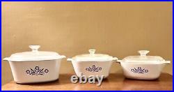 Vintage Corning Ware Set Of 3 Blue Cornflower Casserole Bowls with Lid