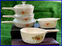 Vintage Corning Ware Set of 5 Saucepan and casserole with 3 Pyrex Lid EUC