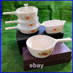Vintage Corning Ware Set of 5 Saucepan and casserole with 3 Pyrex Lid EUC