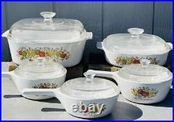 Vintage Corning Ware Spice of Life Set Lot of 5 Pieces Casserole Pans & All Lids