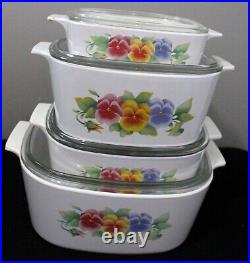 Vintage Corning Ware Summer Blush Pansey Set 5 Casserole Dishes Lids Wildflower