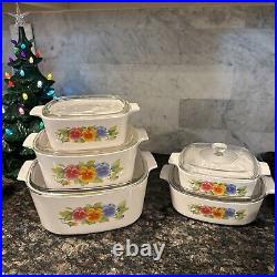 Vintage Corning Ware Summer Blush Pansey Set 5 Casserole Dishes Lids Wildflower