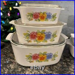 Vintage Corning Ware Summer Blush Pansey Set 5 Casserole Dishes Lids Wildflower