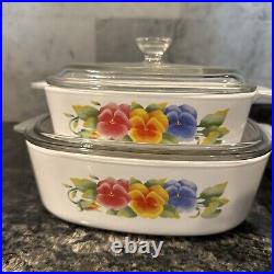 Vintage Corning Ware Summer Blush Pansey Set 5 Casserole Dishes Lids Wildflower