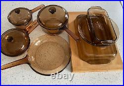Vintage Corning Ware Visions 11-Pc Amber Glass Cookware Pans Skillets Baking EUC