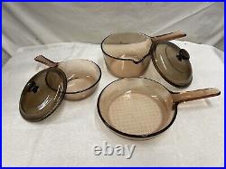 Vintage Corning Ware Visions Amber Glass Pyrex 5 Piece Dutch Oven Pot Set Lids