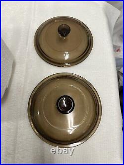 Vintage Corning Ware Visions Amber Glass Pyrex 5 Piece Dutch Oven Pot Set Lids