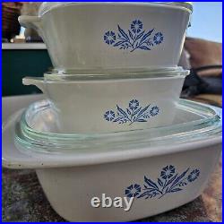 Vintage Corning Ware White Blue Cornflower 3 Piece Oven Set Used Big One Good